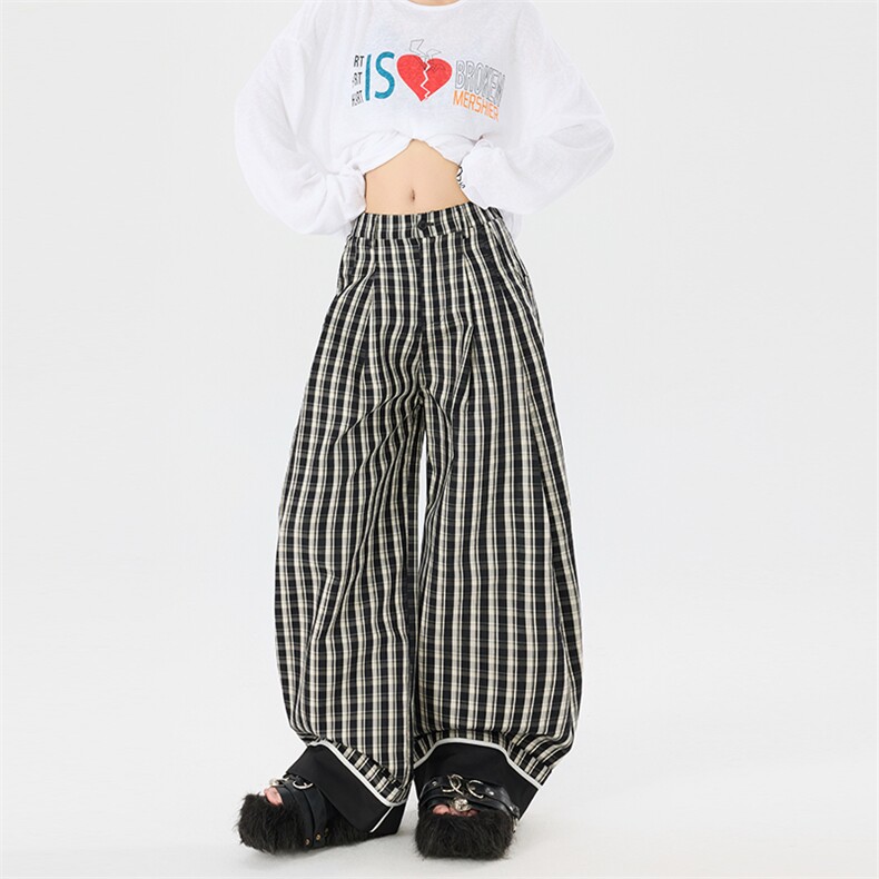 复古英伦风翻边格子条纹裤男女宽松直筒休闲阔腿拖地裤YD9056-P70,男装休闲裤,星座509