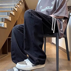 破洞冰丝牛仔裤男夏季薄款浅蓝色阔腿裤美式高街宽松直筒抽绳裤子，男装牛仔裤，星座1210-1