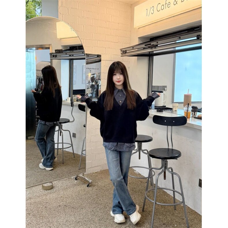 【】美式复古假两件衬衫领卫衣男女秋冬宽松长袖SHY03P43,男装衬衫,星座1112-1