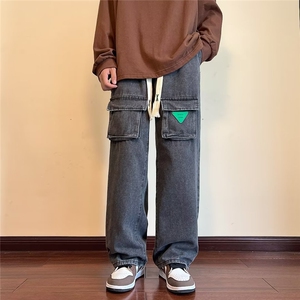 工装牛仔裤男青少年小众设计感口袋港风ins宽松直筒阔腿休闲长裤图片