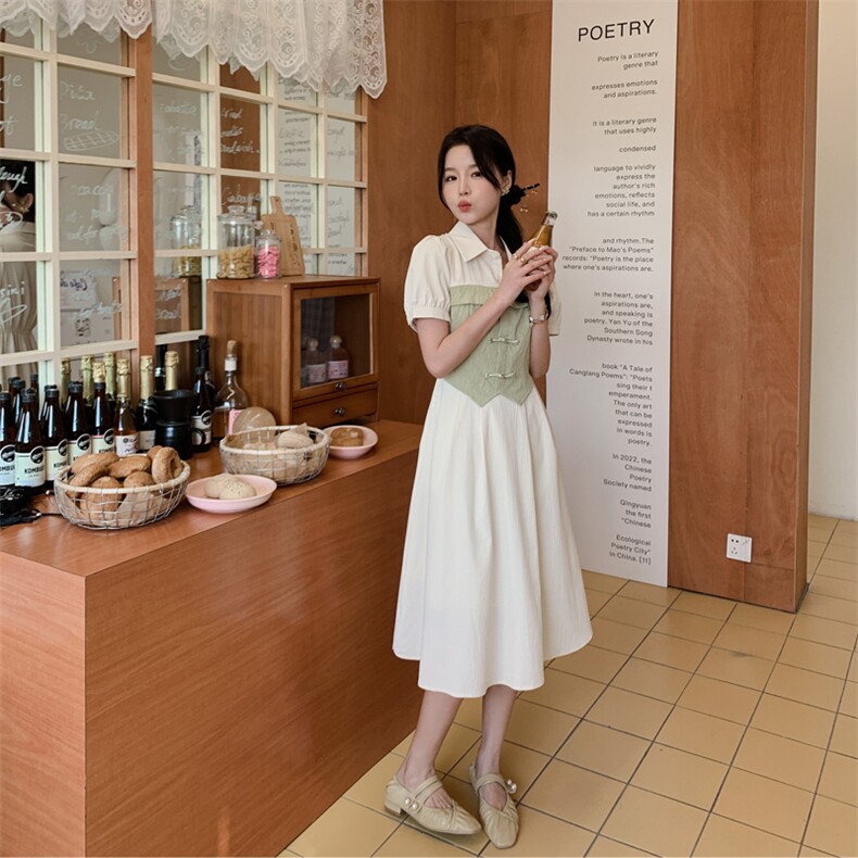现货新款夏装2024年新中式假两件洋气减龄小个子显瘦连衣裙,女装连衣裙,乔米娜