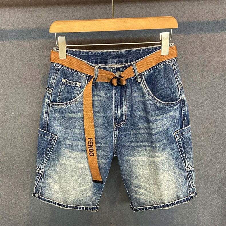 夏季工装牛仔短裤男美式休闲潮牌口袋痞帅高街宽松直筒中裤五分裤图片