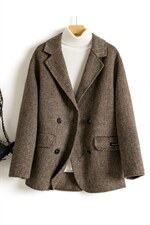 现货精品通勤外贸咖啡色欧美风秋冬新款双面羊毛格子西装外套，女装双面呢大衣，丝露依尚（原SL）