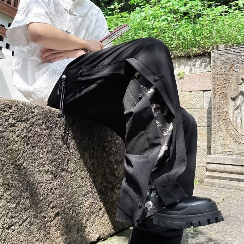 新款风盘扣裤子男款夏季直筒青少年裤加长新中式宽松阔腿休闲裤,男装休闲裤,星座1013