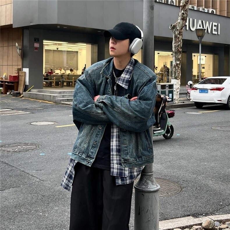 不规则设计感格子拼接牛仔外套男秋季潮牌休闲宽松假两件工装外套,男装工装外套,星座1210-1