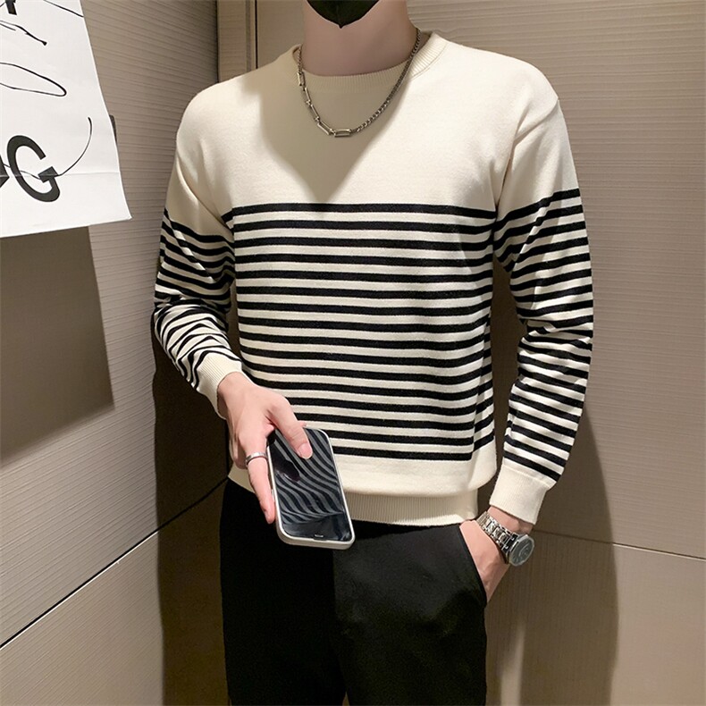 小伙风~2026秋季新款圆领套头条纹针织打底衫休闲外套M025/P55,男装T恤,电商B331