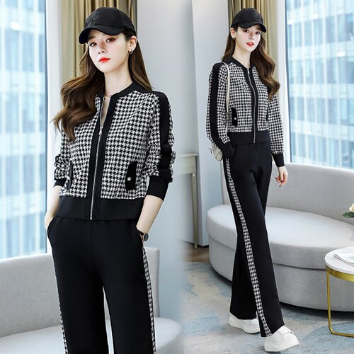 2023春秋新款韩版复古休闲格子棒球服两件套女运动减龄阔腿裤套装图片