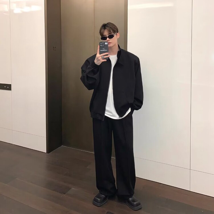 灰色立领垫肩开衫卫衣外套男早秋运动休闲套装宽松卫裤两件套潮流,男装休闲裤,星座218-8