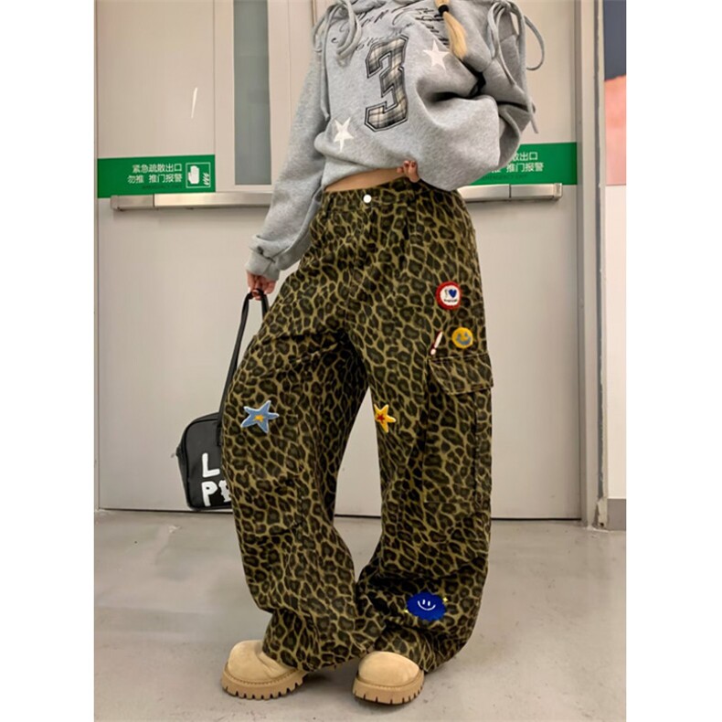 秋季豹纹牛仔裤女复古设计感宽松高腰直筒百搭休闲阔腿裤KN7054,男装牛仔裤,星座1116A（原606A-3）