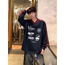 宽松休闲潮流上衣美式复古运动风拼色V领印花卫衣HY728TP45，男装卫衣，电商A102B