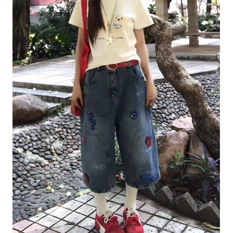 美式高街卡通小狗刺绣牛仔七分裤女夏季设计感宽松直筒休闲短裤子,男装牛仔裤,星座601-1