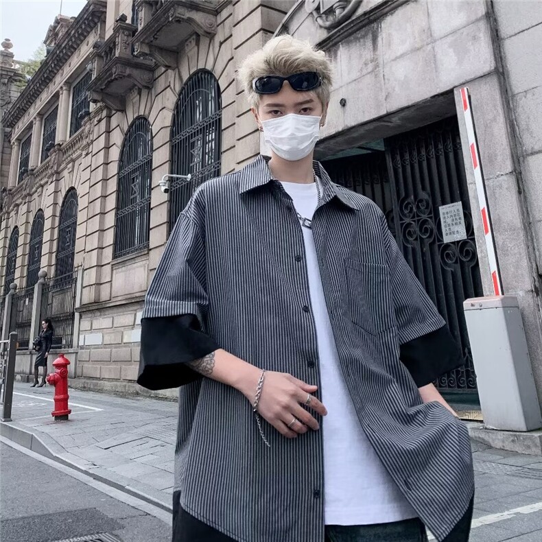 夏季新款男装复古休闲条纹短袖衬衫翻领清新潮流衬衣C5103,男装衬衫,星座1116A-1（原606A）