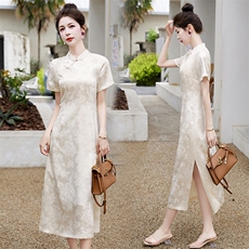 中式盘扣旗袍短袖连衣裙女2025夏季新款气质优雅长裙，女装连衣裙，关键词