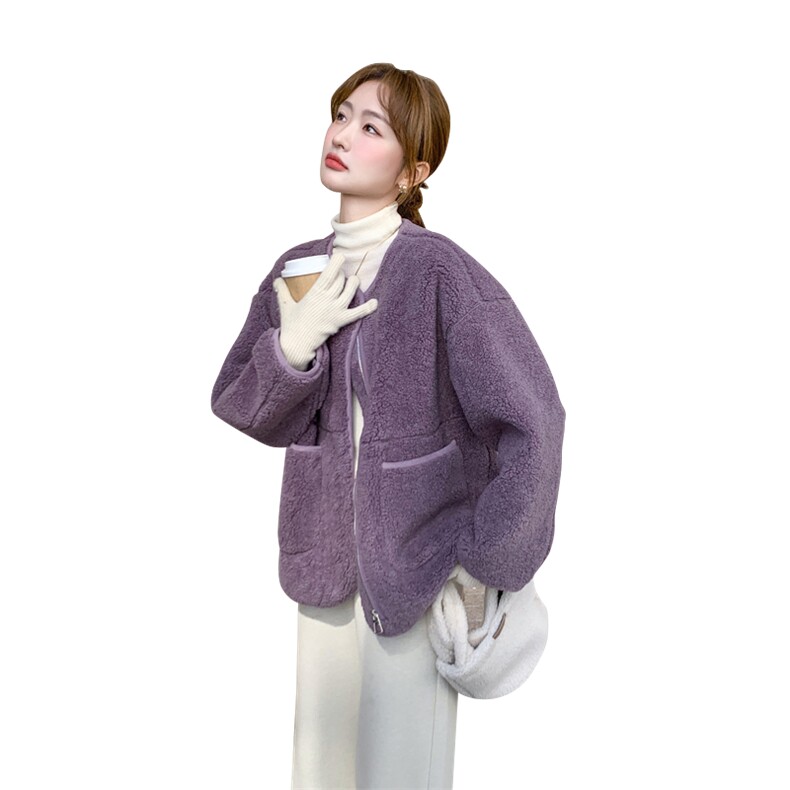 奶乎乎紫色皮毛一体羊羔毛外套女秋冬2025新款设计感短款小众流行,女装皮草,2C092