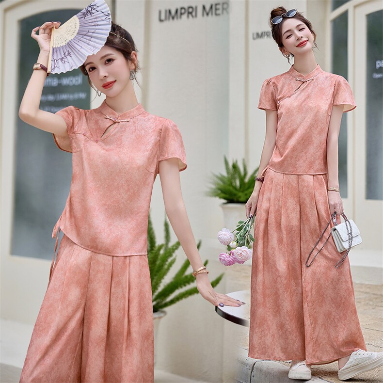 新中式国风粉色提花套装女2025夏季新款复古盘扣上衣阔腿裤两件套，女装套装/套裙，韩宇舍