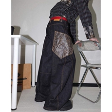 复古蛇纹口袋拼接牛仔裤oversize宽松直筒裤子欧美休闲裤NK1088，男装休闲裤，星座1116A（原606A-3）