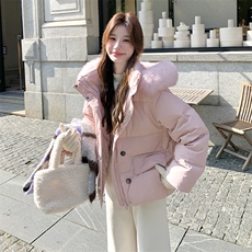 韩系chic粉色毛领连帽羽绒服女冬超火好看高级小众漂亮加厚短外套，女装羽绒服，2D078