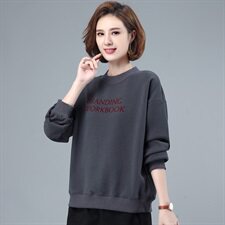 2024韩版圆领上衣女秋冬宽松显瘦长袖英文印花加绒套头卫衣，女装卫衣/绒衫，曼沙奕珂