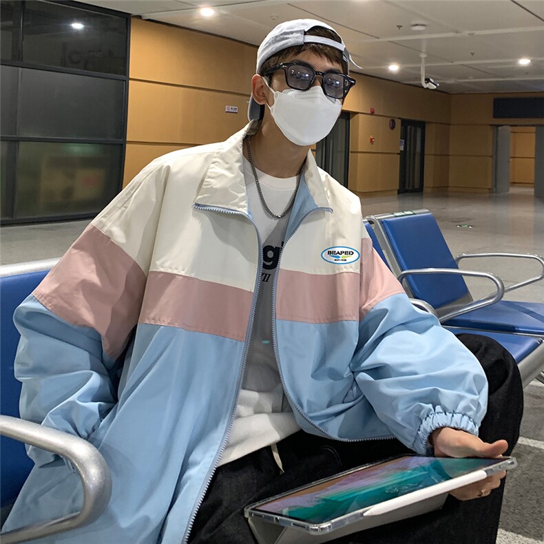 港风秋季新款宽松立领拼色夹克男女外套潮JK6842P65控78,男装夹克,电商A268A
