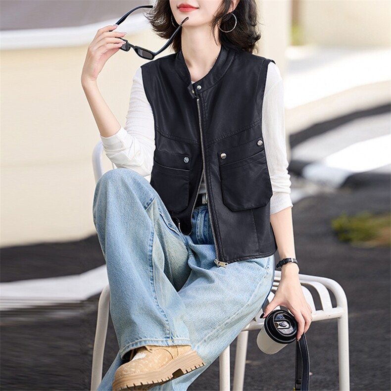 2024秋季新款女装PU皮衣复古立领机车服夹克外套女式马甲,女装马甲,美拉德工厂直营店