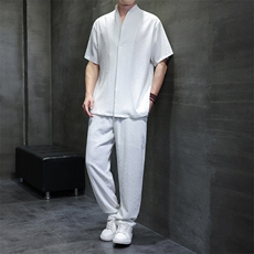 新中式治愈禅意休闲冰丝凉感短袖上衣轻奢泡泡条宽松长裤两件套装，男装休闲套装，星座305A（原312A-1）
