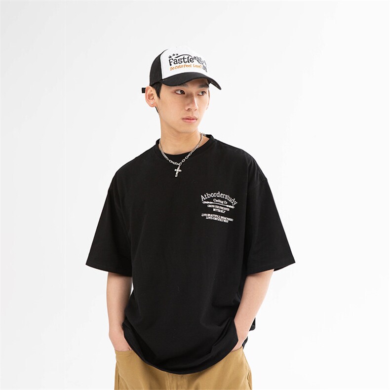 南夏乔装2025夏季新款日系潮流刺绣休闲圆领短袖复古中性宽松T恤,男装T恤,电商S006（B521）