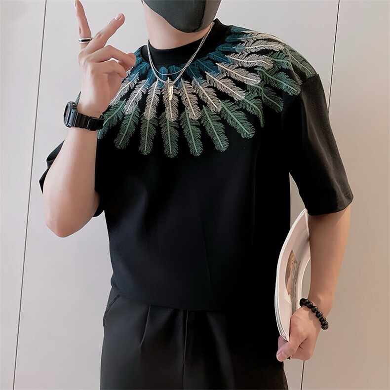 8963/特P68控98夏季痞帅小伙复古重磅刺绣风短袖T恤男上衣黑首,男装T恤,星座305B