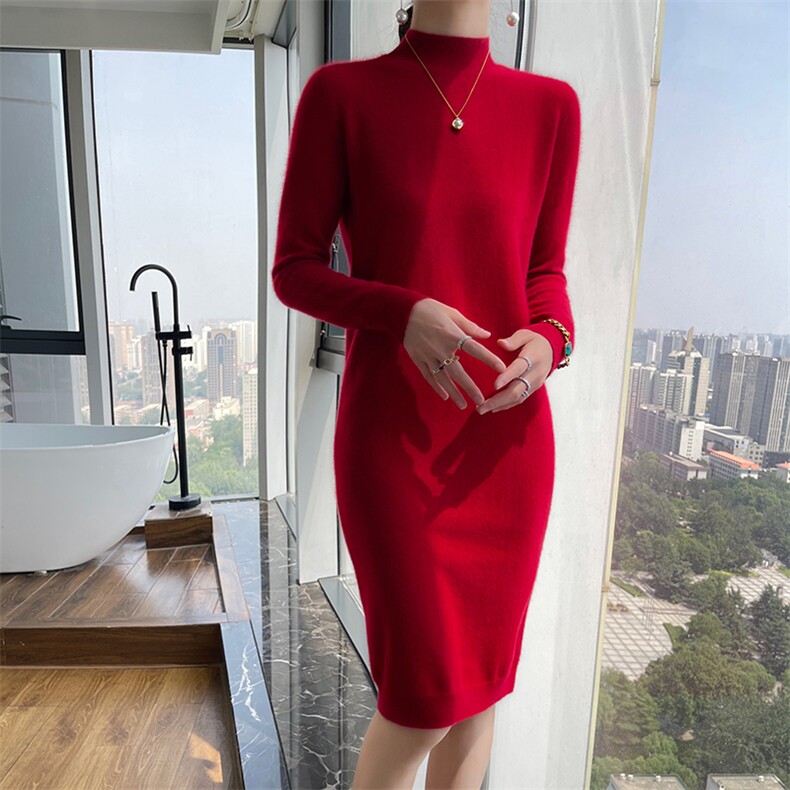 半高领羊毛裙女2024秋冬装新款针织连衣裙,女装连衣裙,百越羊绒