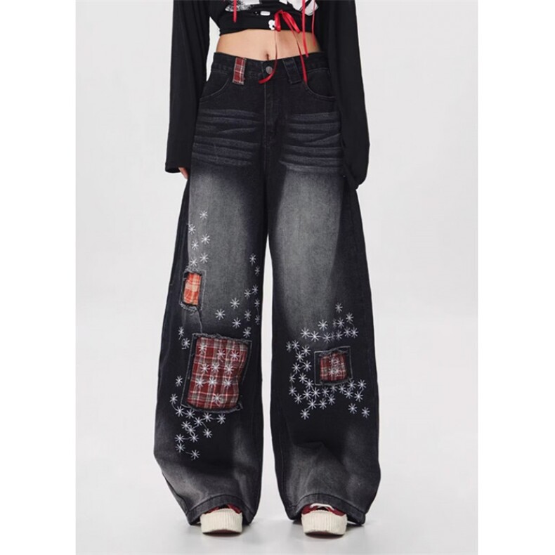 WE1642-P58撞色格子贴布弯刀牛仔裤男女微喇宽松夏季水洗阔腿,男装牛仔裤,电商B323A