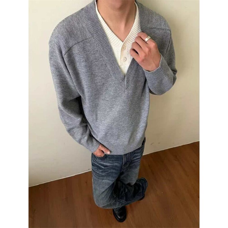 深灰色美式假两件v领拼接毛衣男女款秋季老钱风针织衫慵懒风外套,男装针织衫/毛衣,星座1303B