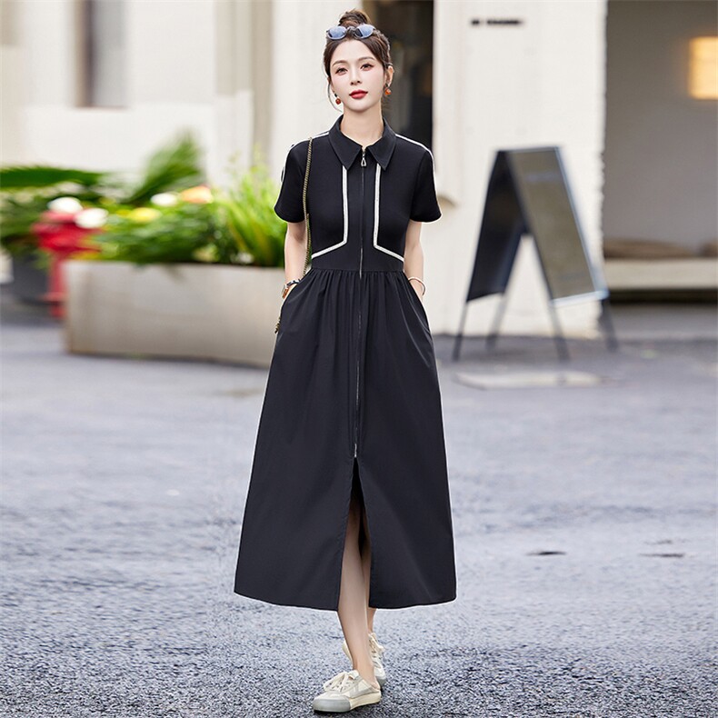 赫本风黑色拼接连衣裙女2024年夏季新款时尚设计感小众polo领长裙,女装连衣裙,魅影