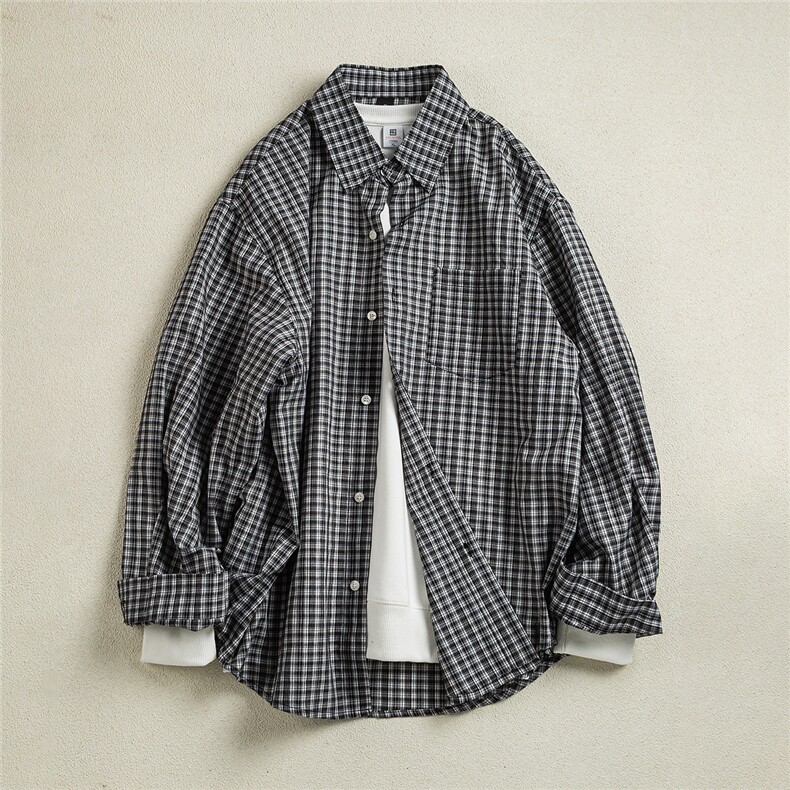 B413-1-DX6138韩版复古格纹长袖衬衫男女宽松高级时尚百搭上衣服,男装衬衫,电商B413-1
