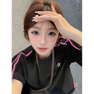 抖音得物品质二开240克宽松纯棉美式潮牌印花三条杠中性风短袖T恤图片
