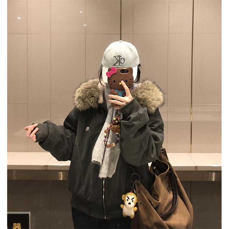 现货重磅boxy短款棉衣座山雕大毛毛领男女棉服水洗工装厚外套图片