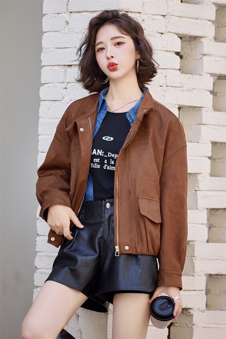 咖色鹿皮绒短外套女2025秋季新款韩版时尚机车服休闲工装夹克上衣,女装短外套,意芙