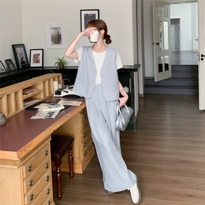 蕾丝拼接西装马甲套装女2025夏季新款韩系超火减龄阔腿长裤两件套图片