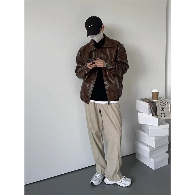 得物品质秋款男拉链皮夹克宽松成熟皮衣外套JAK27P75,男装皮衣,星座1013-1