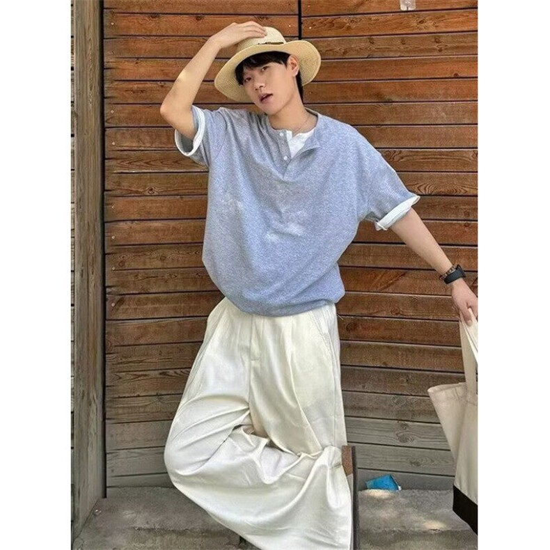 假两件亨利领短袖T恤女小众休闲宽松百搭复古老钱风上衣TA16,男装T恤,星座1116A（原606A-3）