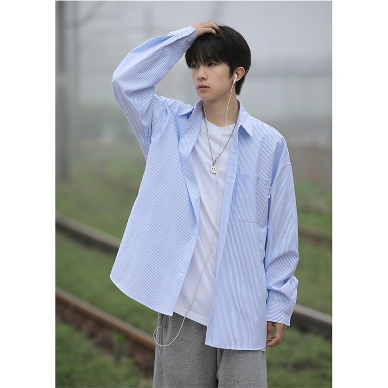 抖音023条纹衬衫男长袖宽松外套小清新港风衬衣CS7212P4569,男装衬衫,电商B413-1