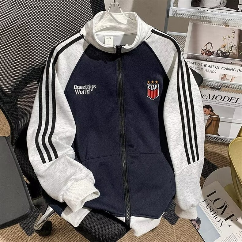 美式三条杠运动卫衣男秋潮撞色外套复古开衫棒球服上衣WY103P46,女装短外套,星座1013-5