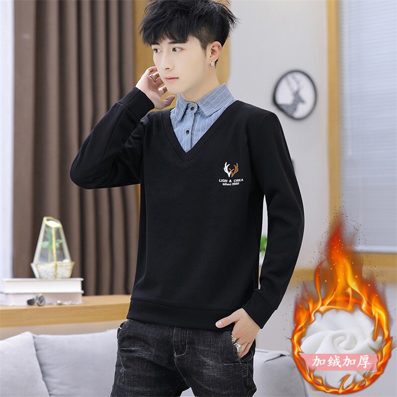 2020冬款假两件长袖加绒卫衣男加绒翻领T恤男打底衫T775，男装卫衣，A067