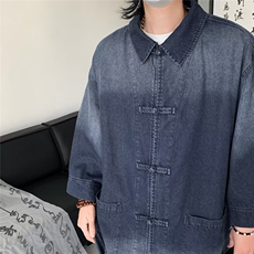 新中式风短袖衬衫男牛仔盘扣夏季宽松中山装衬衣外套CN986-P65，男装衬衫，星座1001-1