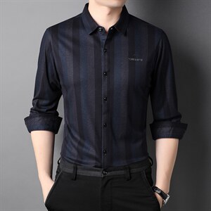 2023秋季新款男士冰丝长袖衬衫休闲男装衬衣免烫中年条纹寸衫图片