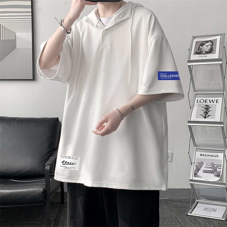 LD54062-P45 连帽短袖t恤男大码胖子带帽五分袖中袖 大皂风图片