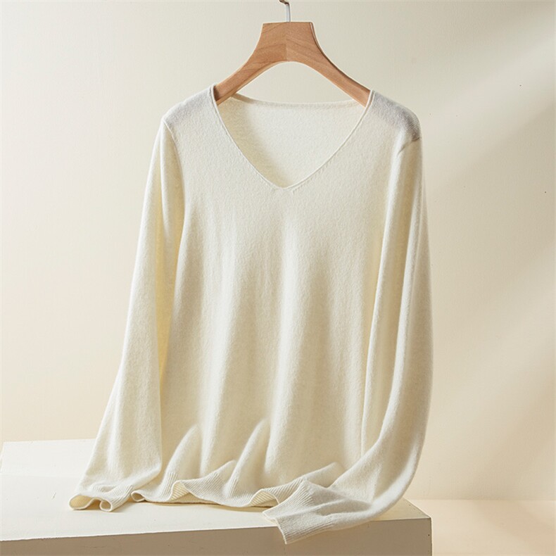 优雅气质V领羊绒打底衫简约百搭显瘦长袖毛衣，女装羊绒衫，三莲羊绒