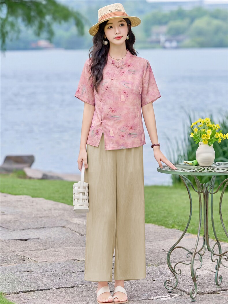 现货2026年夏季新款中式时尚两件套装女小衬衫T恤加天丝麻阔腿裤,女装套装/套裙,璐依舞
