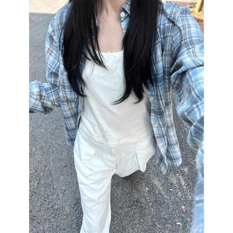【有货】蓝色格子衬衫设计感高级长袖情侣衬衣美式复古C01LL-P45,男装衬衫,星座1007（原301D）