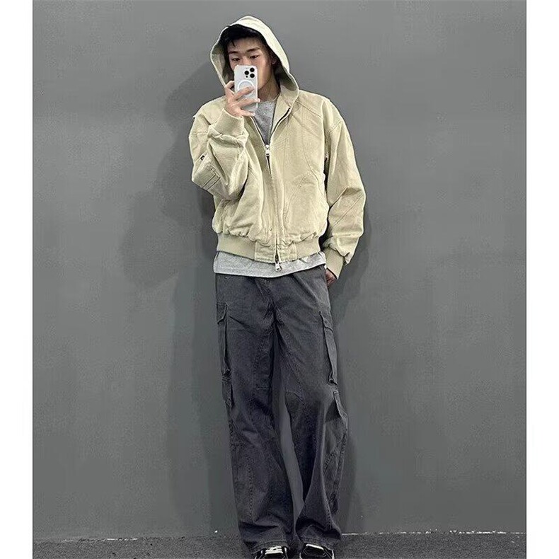 美式重磅座山雕连帽外套男女春秋复古cleanfit宽松水洗短款夹克潮,男装夹克,星座506A