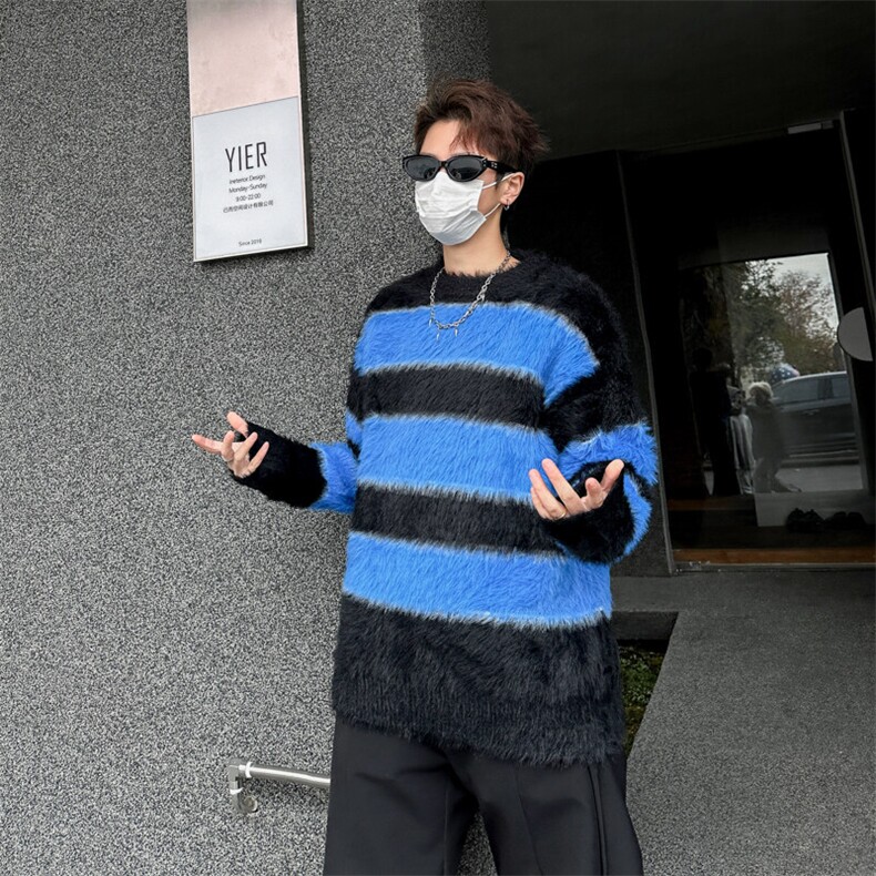 水貂绒毛衣慵懒风男冬季加绒加厚美式条纹针织衫长袖MY046-P50,男装针织衫/毛衣,星座308B-1