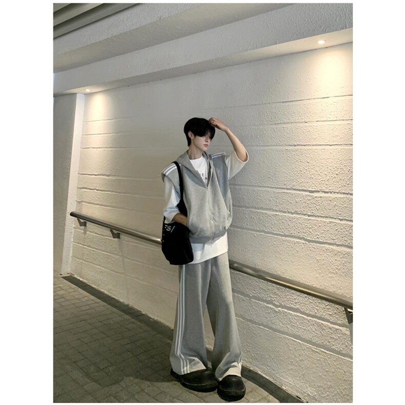 夏装三条杆运动套装男连帽垫肩马甲阔腿长裤男休闲两件套TZ66,男装休闲套装,星座1116A（原606A-3）